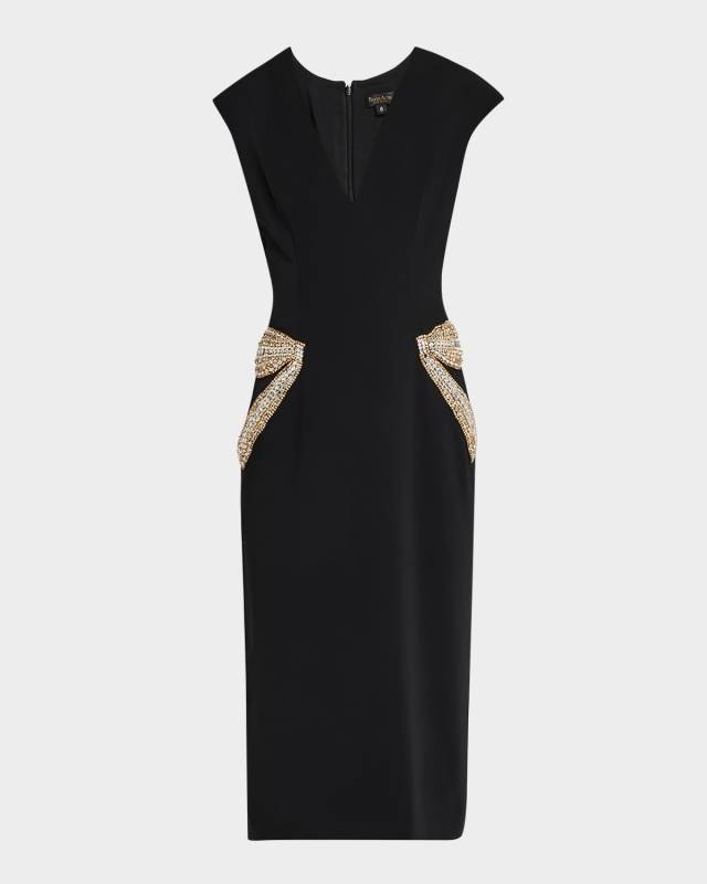 Plunging Cap-Sleeve Embellished Crepe Midi Dress